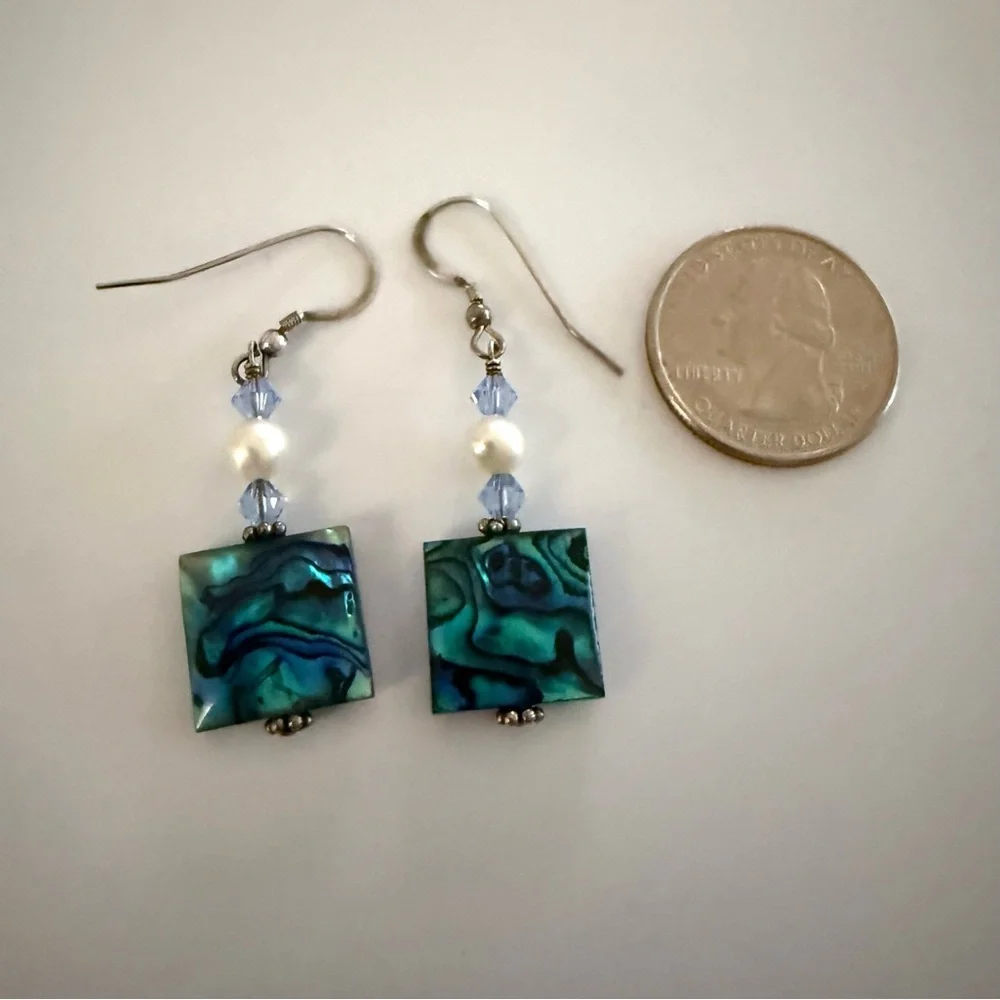 Estate Abalone Shell Pearl Crystal Sterling Silver Earrings NEVER WORN